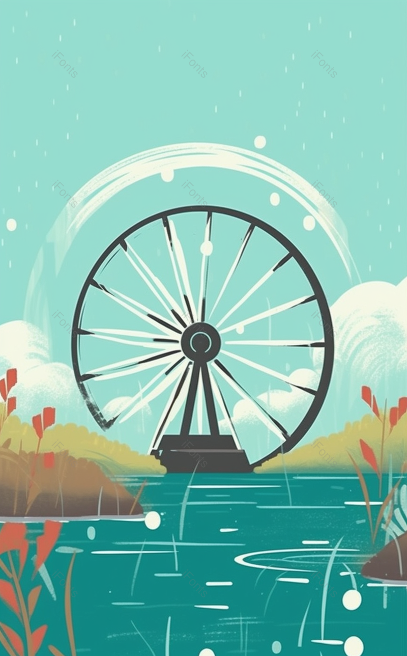 池塘水车立夏简约手绘插画,插画/手绘图,插画/手绘图库,插画/手绘图下载,插画/手绘